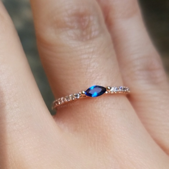 Rose Gold Tiny Blue Sapphire Marquise Dainty Ring - Picture 6 of 7
